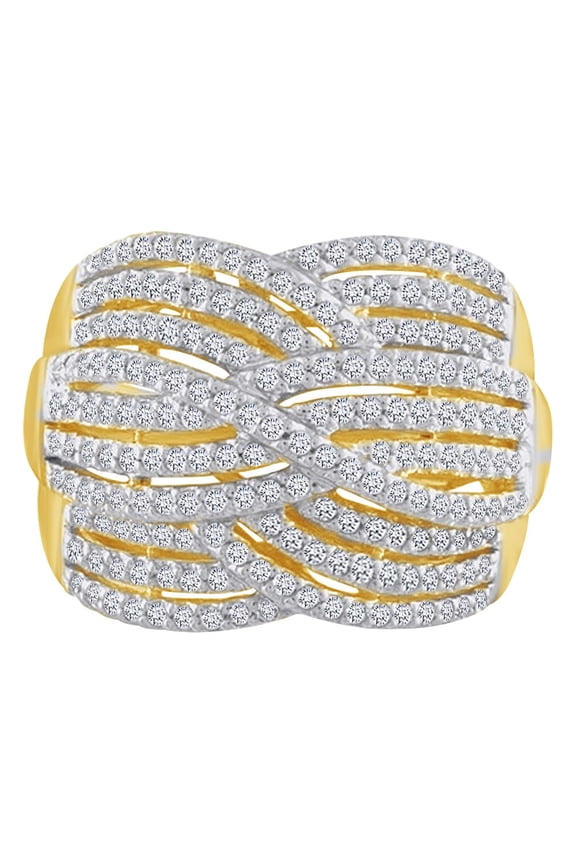 Round Cut White Natural Diamond Crossover Cocktail Ring In 10k Solid Yellow Gold (1 cttw)