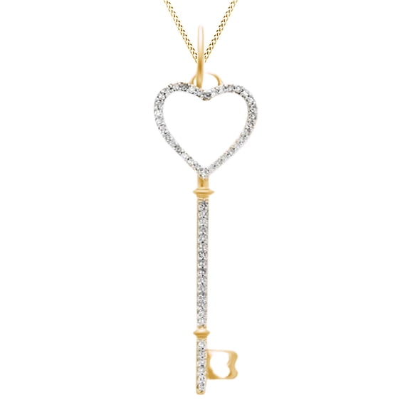 AFFY Round Cut White Natural Diamond Heart Key Pendant Necklace In 14k Yellow Gold (0.33 Cttw)
