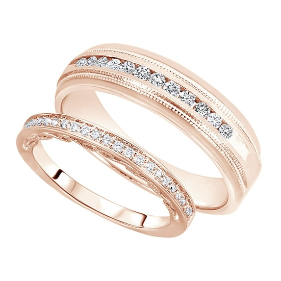 AFFY Round Cut White Natural Diamond His And Hers Wedding Band Ring Set in 14K Rose Gold (0.38 Cttw) By