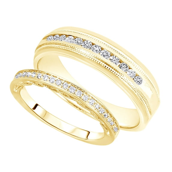 AFFY Round Cut White Natural Diamond His And Hers Wedding Band Ring Set in 14K Yellow Gold (0.38 Cttw)