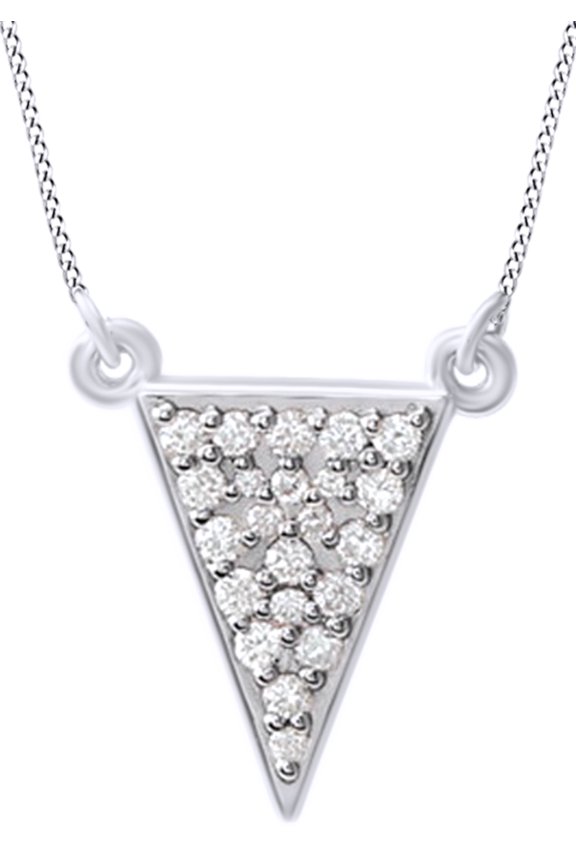 Round Cut White Natural Diamond Triangle Pendant Necklace In 14k White Gold
