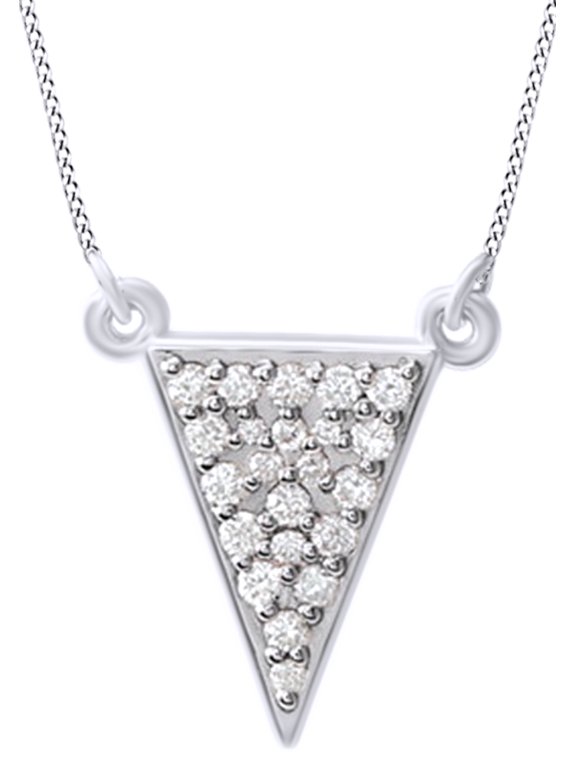 Round Cut White Natural Diamond Triangle Pendant Necklace In 14k White Gold