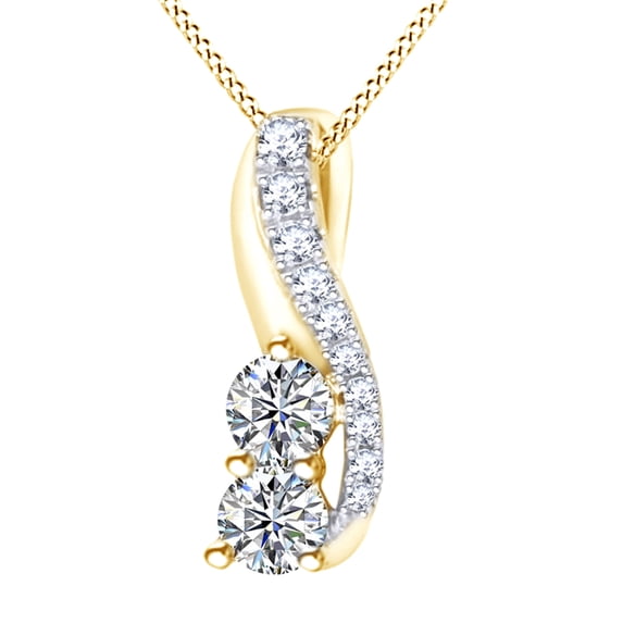 AFFY Round Cut White Natural Diamond Two Stone Drop Pendant Necklace In 10K Solid Yellow Gold (0.5 Ct)By