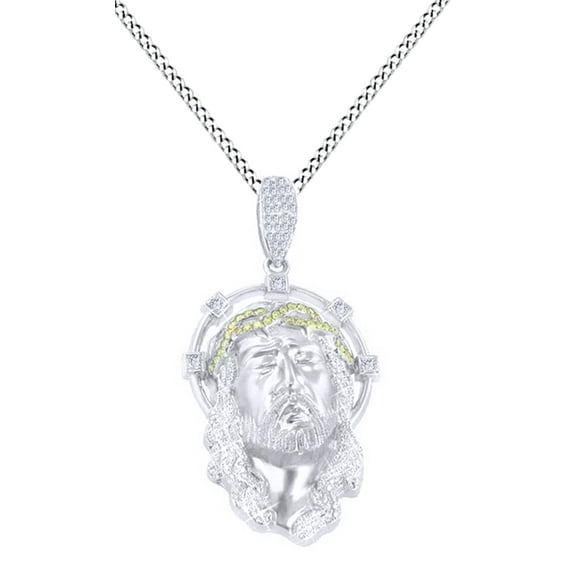 AFFY Round Cut Yellow & White Cubic Zirconia Jesus Face Pendant in 14K White Gold Over Sterling Silver (3.93 Cttw)