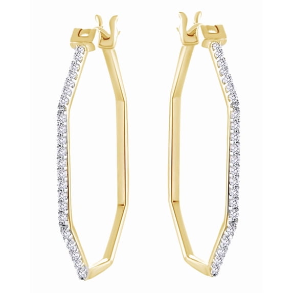 AFFY Round Cut 0.25 cttw White Diamond Octagon Hoop Earrings In 10K Solid Yellow Gold