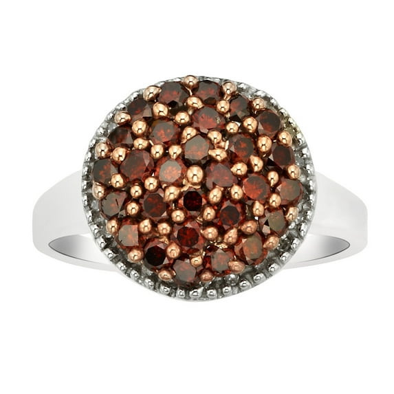 AFFY Round Shape Red Natural Diamond Cluster Promise Ring In 14K White Gold Over Sterling Silver (1 Cttw)