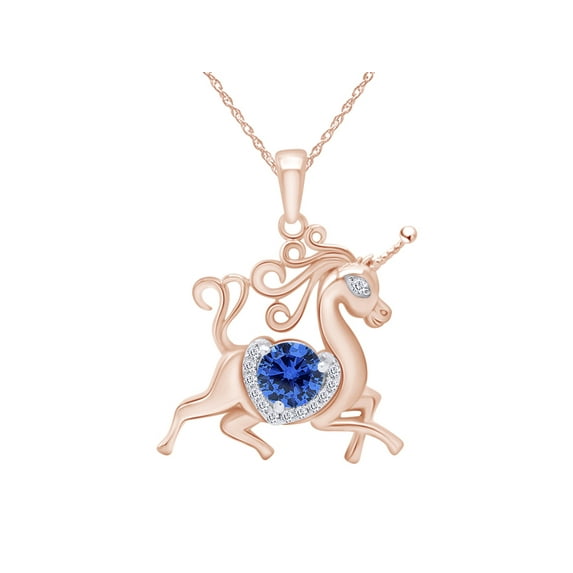 AFFY Round Shape Simulated Blue Sapphire & White Cubic Zirconia Unicorn Horse Pendant Necklace In 14k Rose Gold Over Sterling Silver