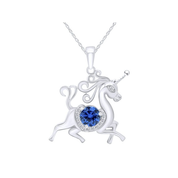 AFFY Round Shape Simulated Blue Sapphire & White Cubic Zirconia Unicorn Horse Pendant Necklace In 14k White Gold Over Sterling Silver