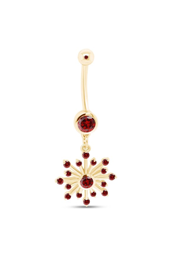 Round Shape Simulated Garnet Snowflake Belly Button Navel Ring in 14K Yellow Gold Over Sterling Silver