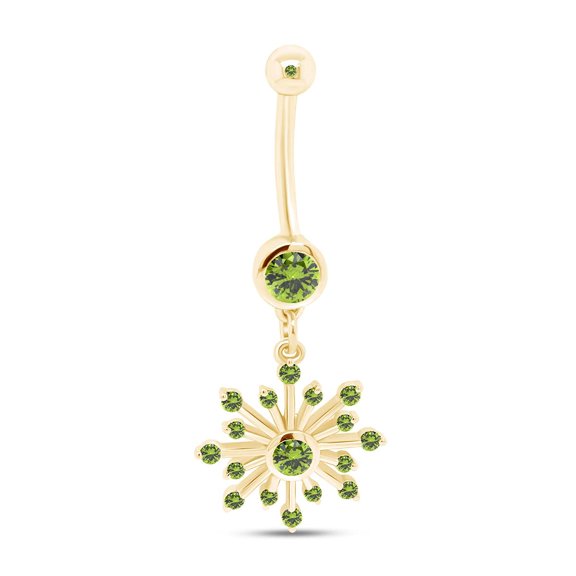 AFFY Round Shape Simulated Peridot Snowflake Belly Button Navel Ring in 14K Yellow Gold Over Sterling Silver