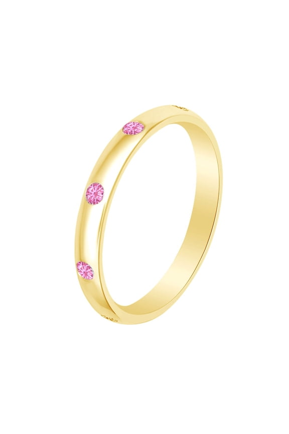 Round Shape Simulated Pink Tourmaline Burnish Set 14k Yellow Gold Over Sterling Silver Band Ring -4.5