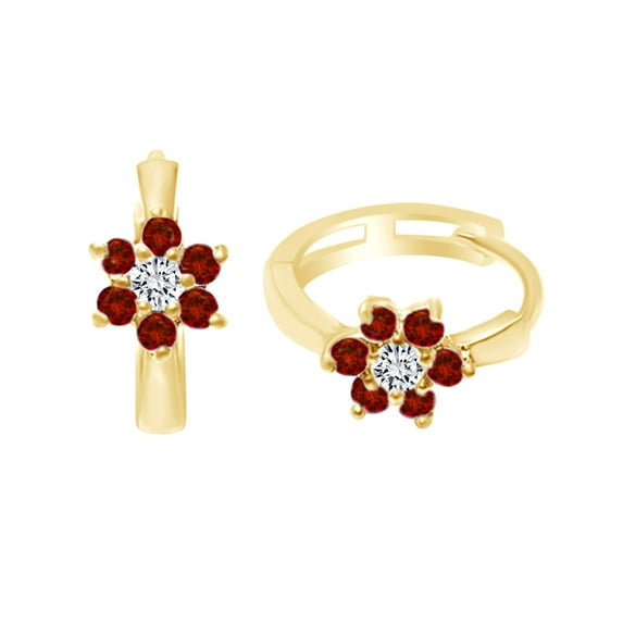 AFFY Round Shape Simulated Ruby & CZ Flower Huggie Hoop Earrings 14K Yellow Gold Over Sterling Silver