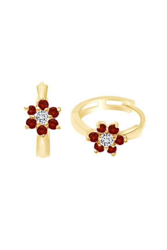 Round Shape Simulated Ruby & CZ Flower Huggie Hoop Earrings 14K Yellow Gold Over Sterling Silver