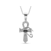 AFFY Round Shape White & Black Natural Diamond Evil Eye Ankh Cross Pendant Necklace 10k Solid White Gold 0.5 Cttw