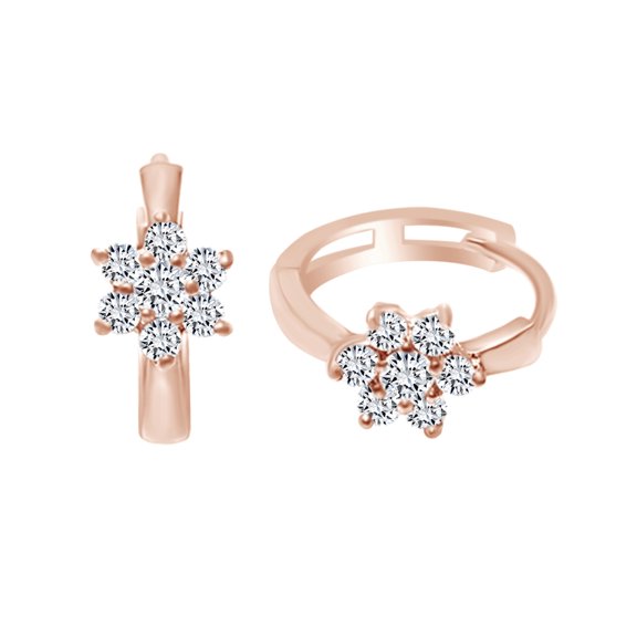 AFFY Round Shape White Cubic Zirconia Flower Huggie Hoop Earrings 14K White Gold Over Sterling Silver