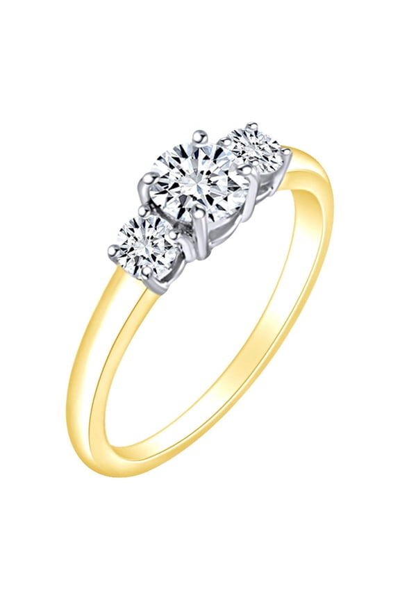 Round Shape White Cubic Zirconia Three Stone Engagement Ring In 14k Yellow Gold Over Sterling Silver Ring Size-7.5