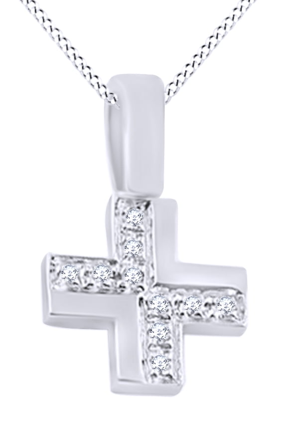 Round Shape White Diamond (0.05 Cttw) Accent Mini Cross Pendant Necklace In 14K Solid White Gold