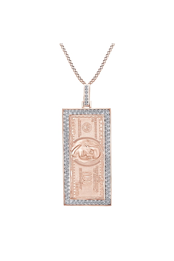 Round Shape White Natural Diamond 100 Dollar Bill Currency Pendant Necklace 10k Solid Rose Gold (0.60 Cttw)