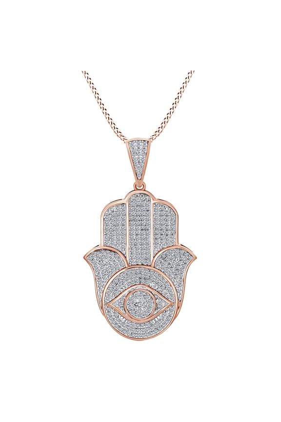 Round Shape White Natural Diamond 10k Solid Rose Gold Evil Eye Hamsa Hand 10k Solid Rose Gold Pendant Necklace (0.69 Cttw)