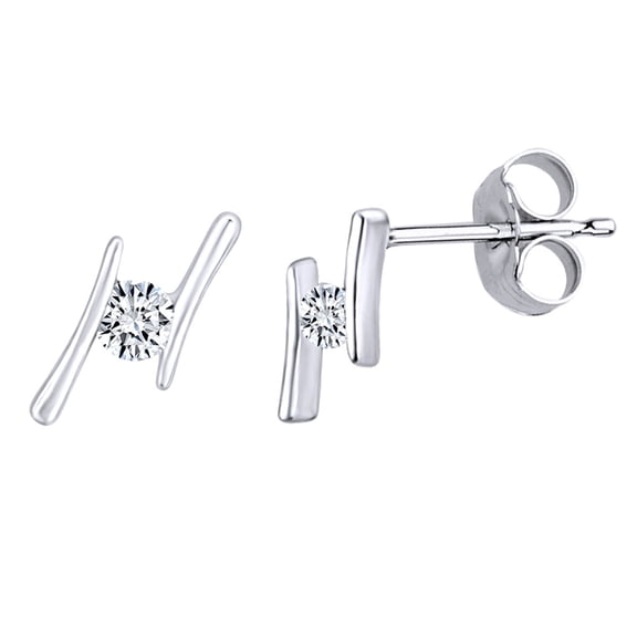 AFFY Round Shape White Natural Diamond Accent Lightning Bolt Stud Earrings 10k Solid White Gold