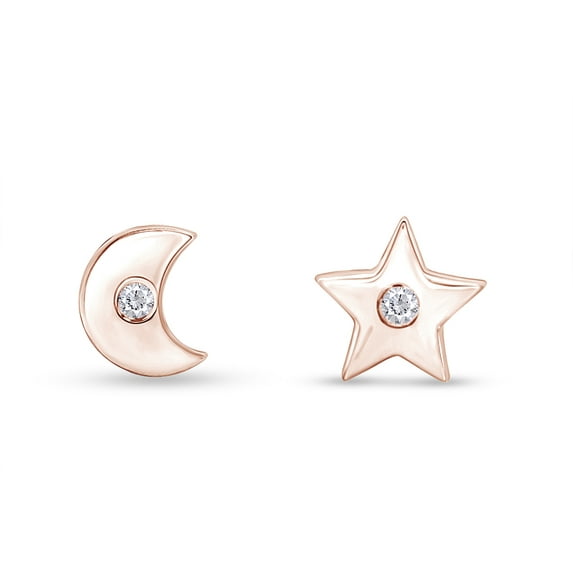 AFFY Round Shape White Natural Diamond Accent Moon & Star Stud Earrings 10k Solid Rose Gold