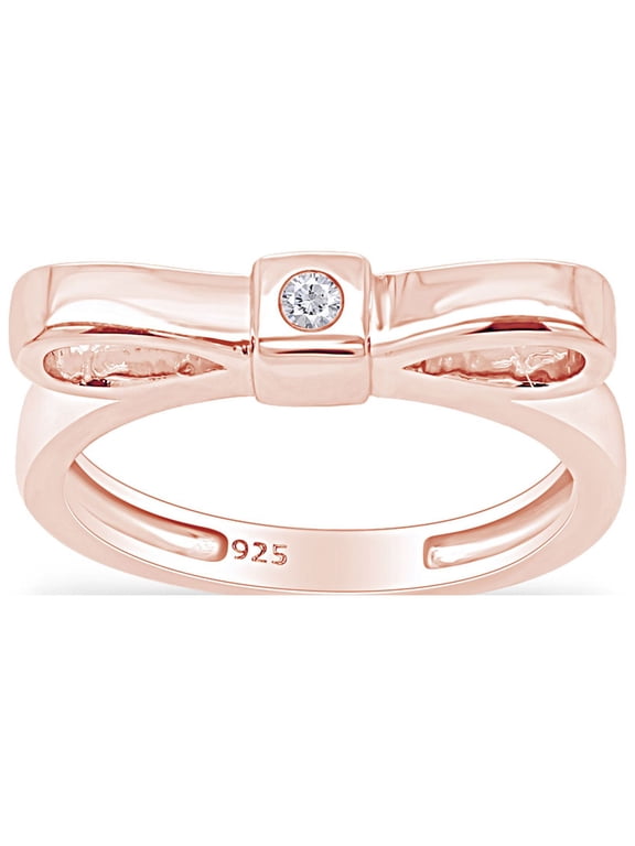 Round Shape White Natural Diamond Accent Ribbon Bow Ring In 14k Rose Gold Over Sterling Silver Ring Size-8.5