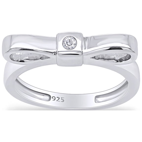 AFFY Round Shape White Natural Diamond Accent Ribbon Bow Ring In 14k White Gold Over Sterling Silver Ring Size-5