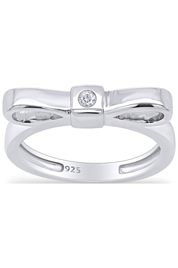 Round Shape White Natural Diamond Accent Ribbon Bow Ring In 14k White Gold Over Sterling Silver Ring Size-7.5