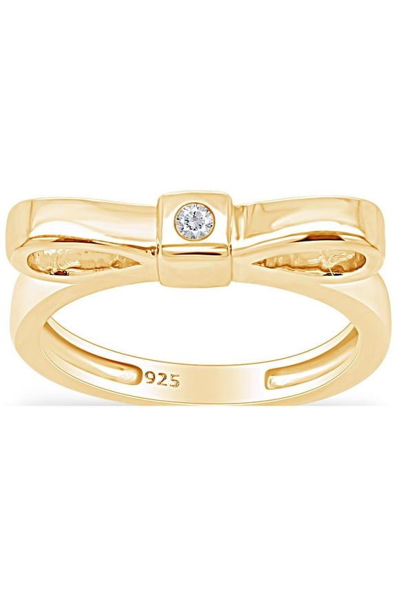 Round Shape White Natural Diamond Accent Ribbon Bow Ring In 14k Yellow Gold Over Sterling Silver Ring Size-10