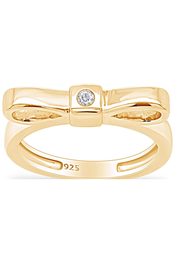 Round Shape White Natural Diamond Accent Ribbon Bow Ring In 14k Yellow Gold Over Sterling Silver Ring Size-6.5