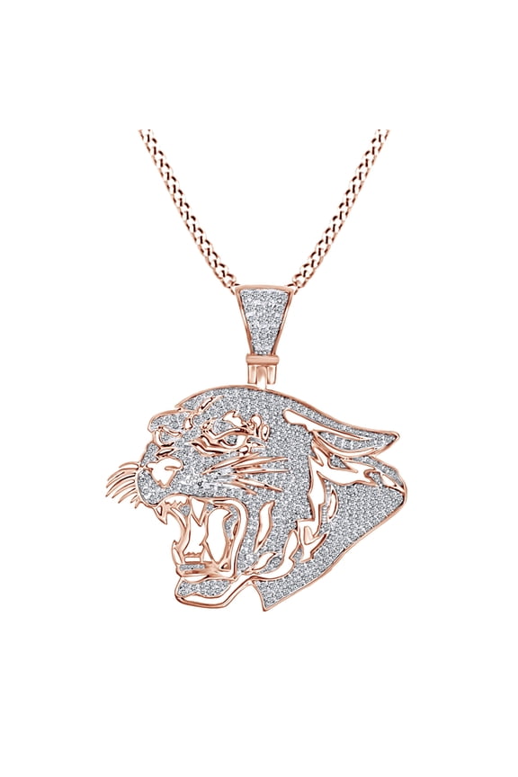 Round Shape White Natural Diamond Black Panther 10k Solid Rose Gold Pendant Necklace (1.15 cttw)