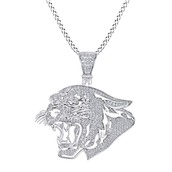 AFFY Round Shape White Natural Diamond Black Panther 10k Solid White Gold Pendant Necklace (1.15 cttw)