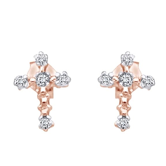 AFFY Round Shape White Natural Diamond Cross Earrings In 10K Solid Rose Gold