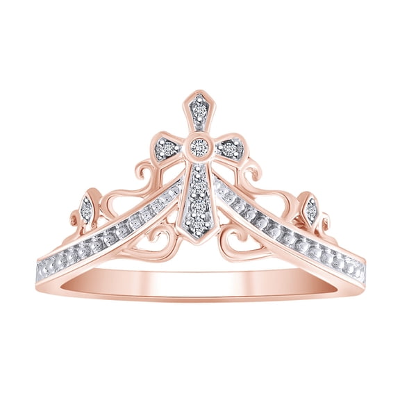 AFFY Round Shape White Natural Diamond Cross Queen Crown Ring In 14K Solid Rose Gold-Ring Size-9.5