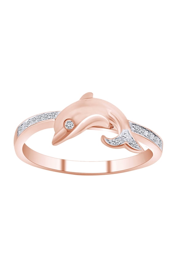 Round Shape White Natural Diamond Dolphin Band Ring In 10K Solid Rose Gold-Ring Size-10