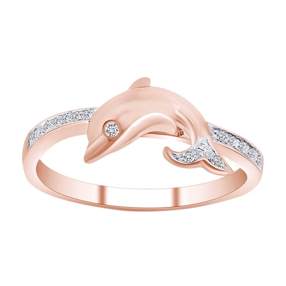 AFFY Round Shape White Natural Diamond Dolphin Band Ring In 10K Solid Rose Gold-Ring Size-8.5