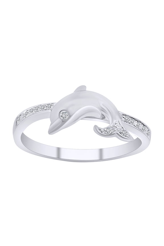 Round Shape White Natural Diamond Dolphin Band Ring In 10K Solid White Gold-Ring Size-6.5