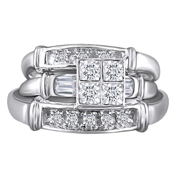 AFFY Round Shape White Natural Diamond Engagement Trio Bridal Band Ring Set In 10K Solid White Gold-Ring Size-8.5