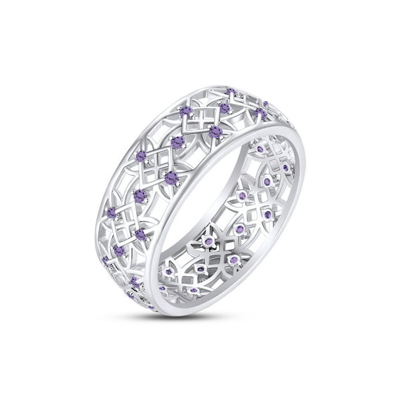 AFFY Round Simulated Alexandrite Hollowing Flower Ring for Women 14K White Gold over Silver-12.5