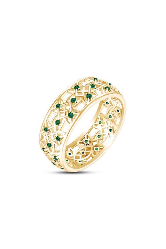 Round Simulated Emerald Hollowing Flower Ring for Women 14K Yellow Gold over Silver-11