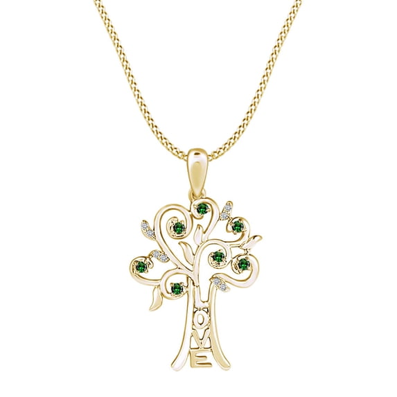 AFFY Round Simulated Emerald & White Cubic Zirconia Love Tree Pendant Necklace 14k Yellow Gold Over Sterling Silver 18" Chain