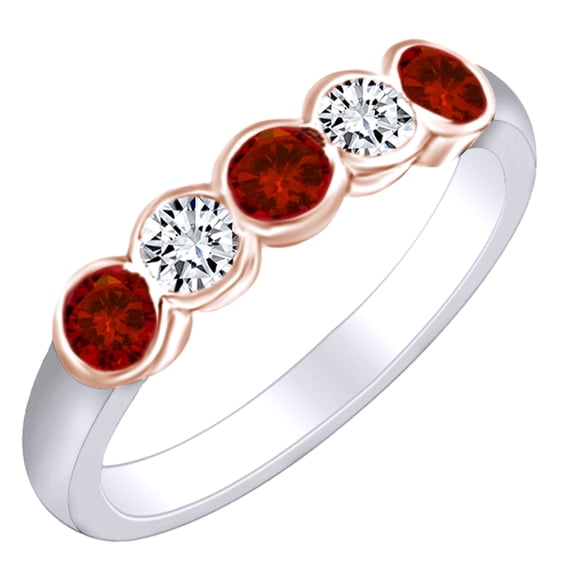 AFFY Round Simulated Garnet & White Natural Diamond Eternity Anniversary Wedding Band Ring In 14k Solid White Gold Ring Size-6