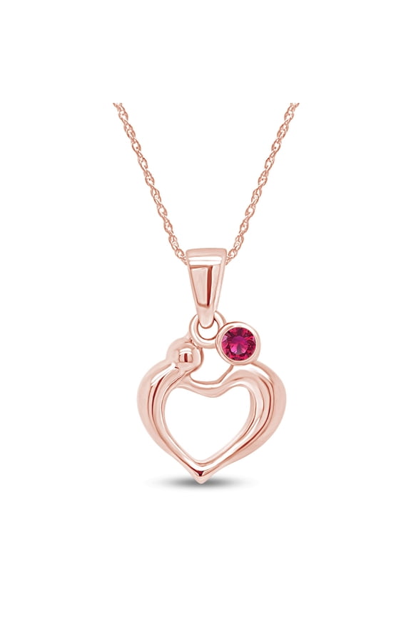 Round Simulated Ruby Mom Love Heart Pendant Necklace 14K Rose Gold over Silver
