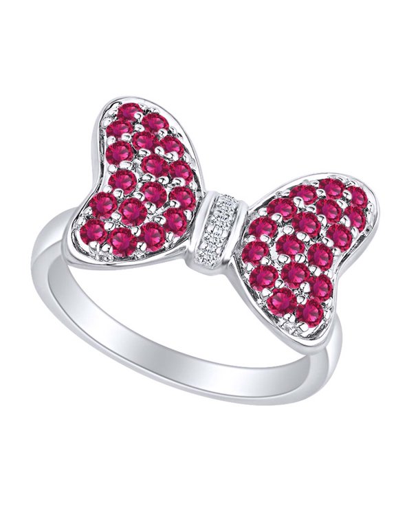 Round Simulated Ruby and White Natural Diamond Accent Mouse Bow Ring 10k Solid White Gold Ring Size-10