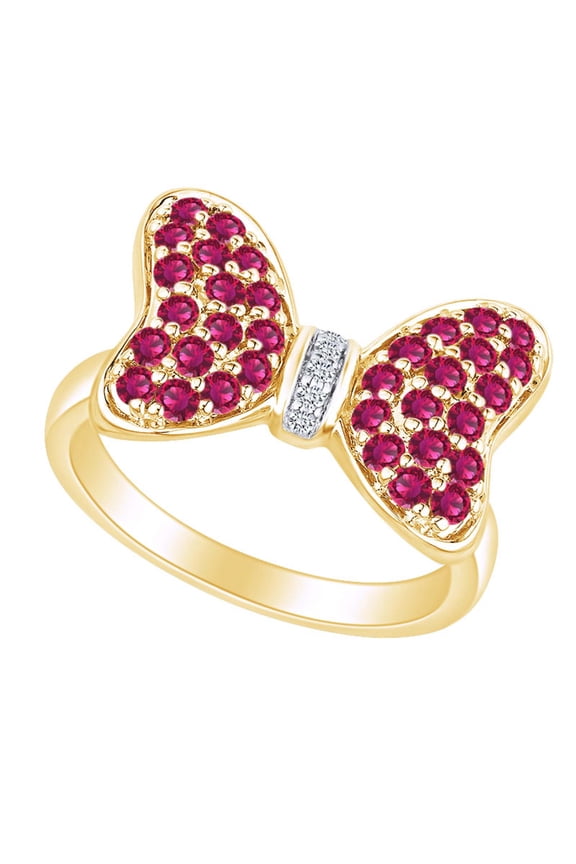 Round Simulated Ruby and White Natural Diamond Accent Mouse Bow Ring 10k Solid Yellow Gold Ring Size-10.5