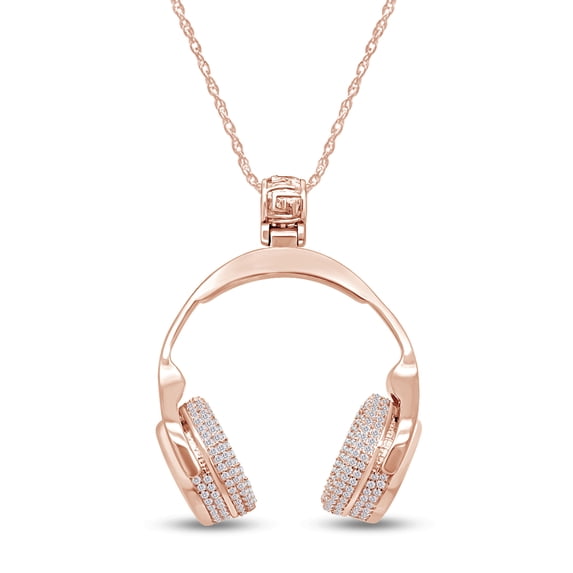 AFFY Round Sparkling White Cubic Zirconia Music Lover Headphone Pendant Necklace 14k Rose Gold Over Sterling Silver 18" Chain