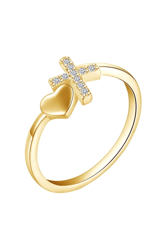 Round White CZ Cross Heart Bypass Womens Promise Ring 14k Yellow Gold Over 925 Sterling Silver
