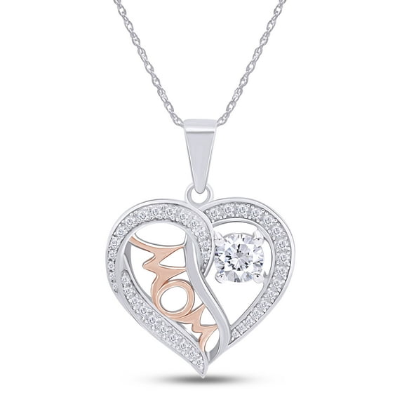 AFFY Round White CZ Two-Tone Mom Heart Pendant Necklace 925 Sterling Silver White