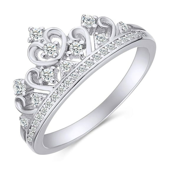 AFFY Round White Cubic Zirconia Princess Crown Ring for Women 14K White Gold over Sterling Silver-9.5
