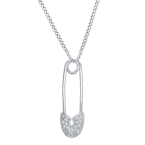 AFFY Round White Cubic Zirconia Safety Pin Design Pendant Necklace in 14k White Gold Over Sterling Silver